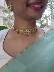 Gold polish kundan ruby & emerald choker with earrings, SET-Silver Neckpiece-CI-House of Taamara