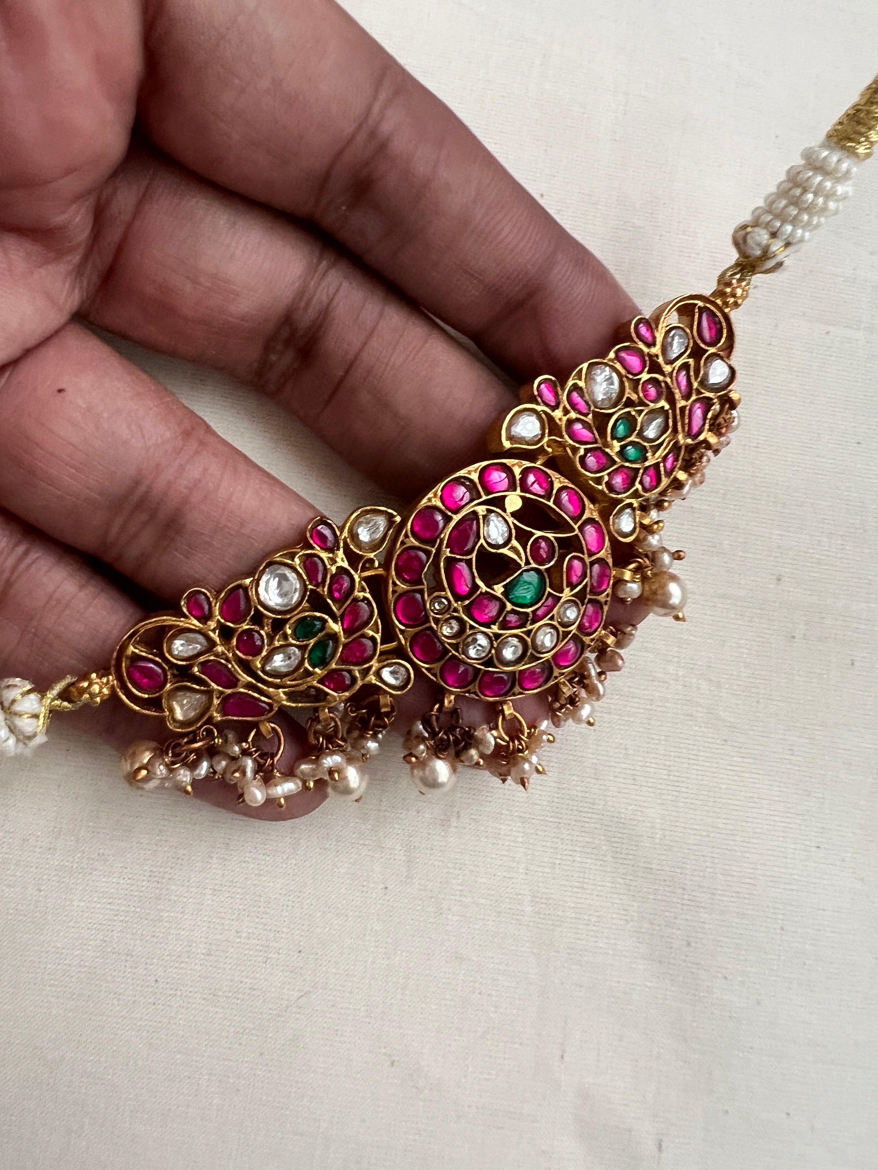 Gold polish kundan, ruby & emerald choker with pearls-Silver Neckpiece-CI-House of Taamara