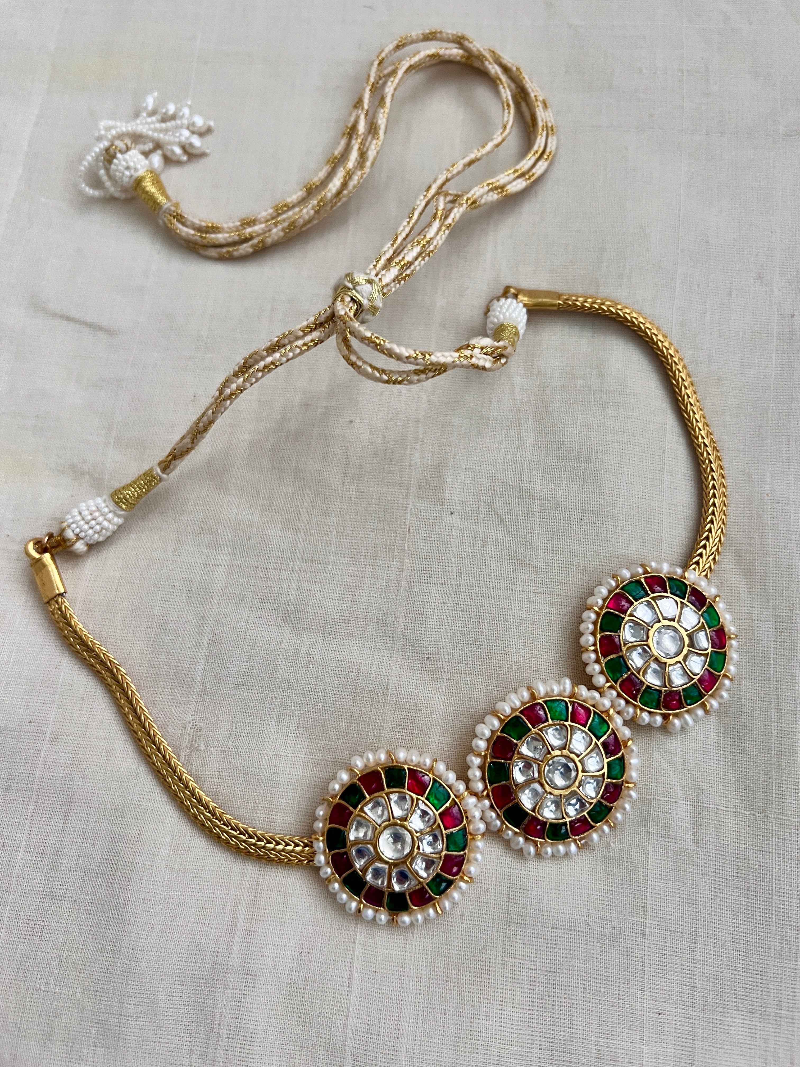 Gold polish kundan, ruby & emerald choker with pearls-Silver Neckpiece-CI-House of Taamara