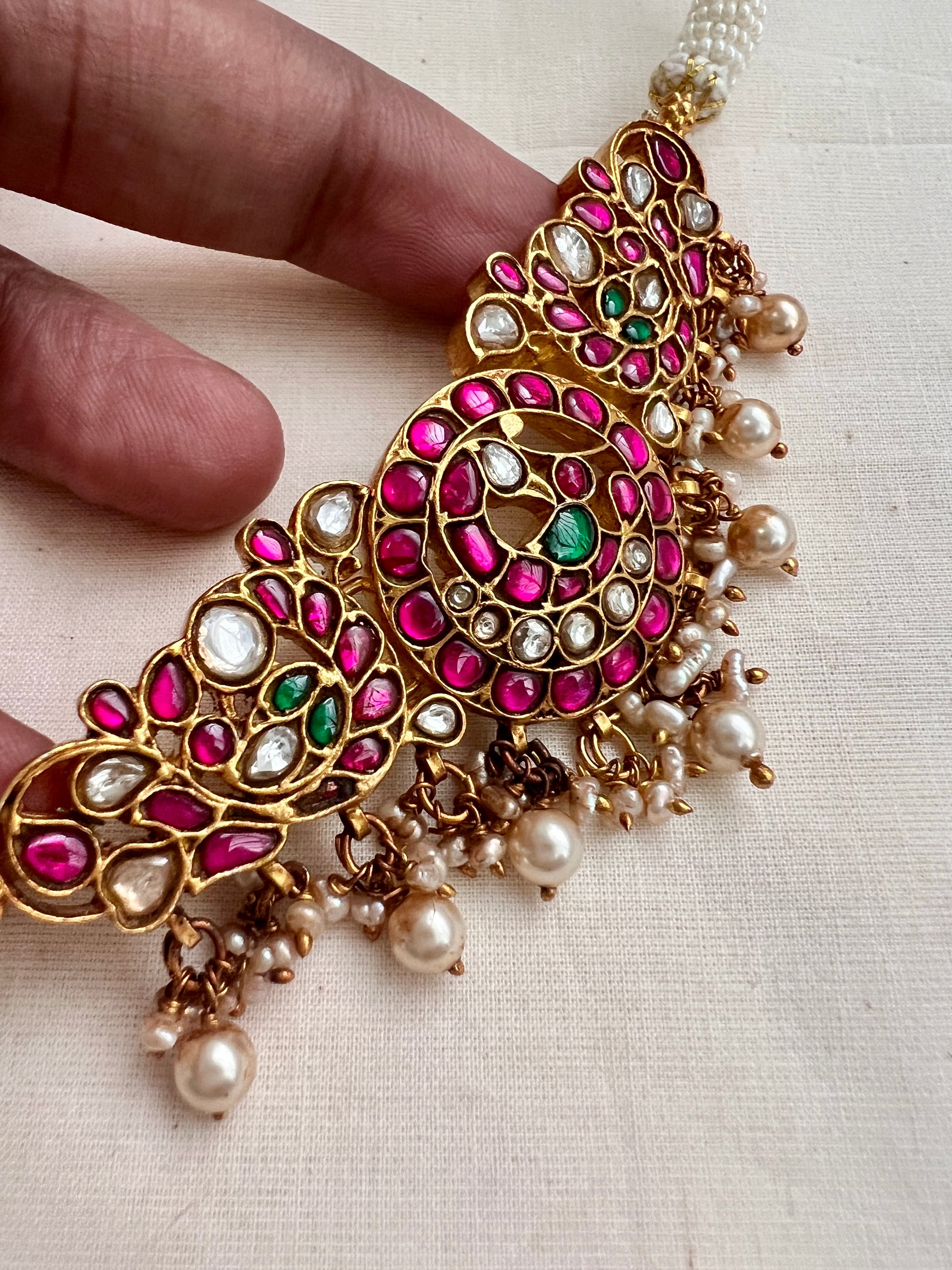 Gold polish kundan, ruby & emerald choker with pearls-Silver Neckpiece-CI-House of Taamara