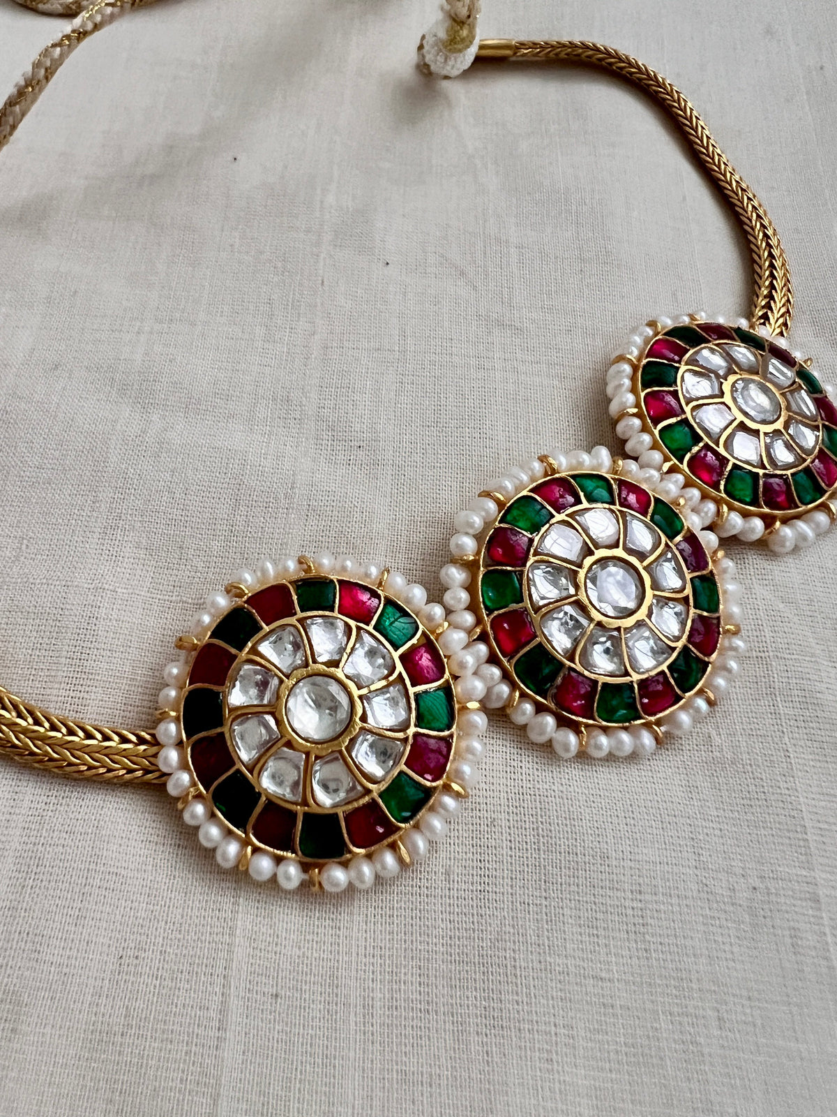 Gold polish kundan, ruby & emerald choker with pearls-Silver Neckpiece-CI-House of Taamara