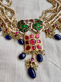 Gold polish kundan, ruby & emerald choker with pearls and blue sapphire beads-Silver Neckpiece-CI-House of Taamara
