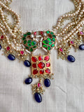 Gold polish kundan, ruby & emerald choker with pearls and blue sapphire beads-Silver Neckpiece-CI-House of Taamara