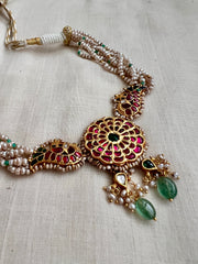 Gold polish kundan, ruby & emerald choker with pearls and jade beads-Silver Neckpiece-CI-House of Taamara