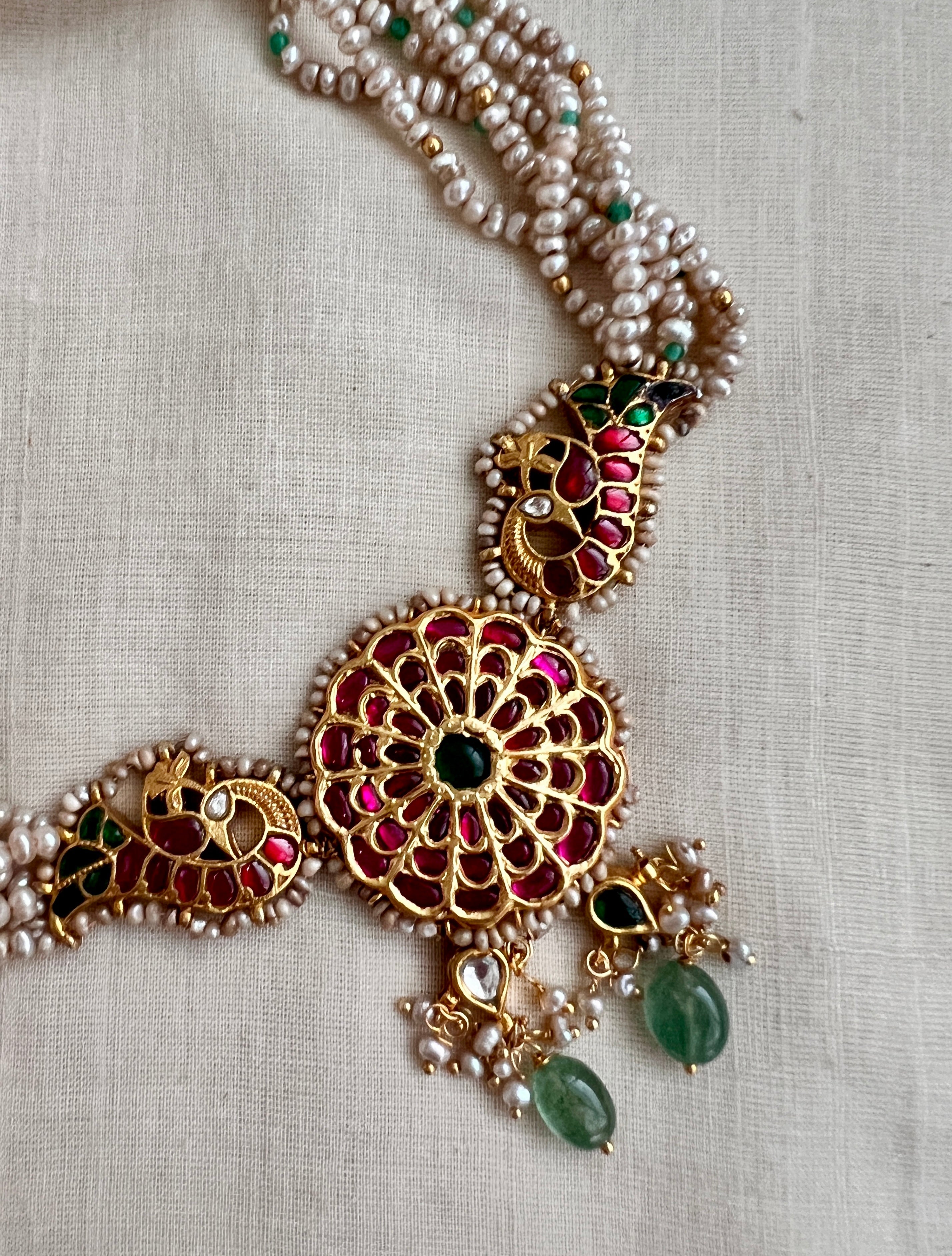 Gold polish kundan, ruby & emerald choker with pearls and jade beads-Silver Neckpiece-CI-House of Taamara