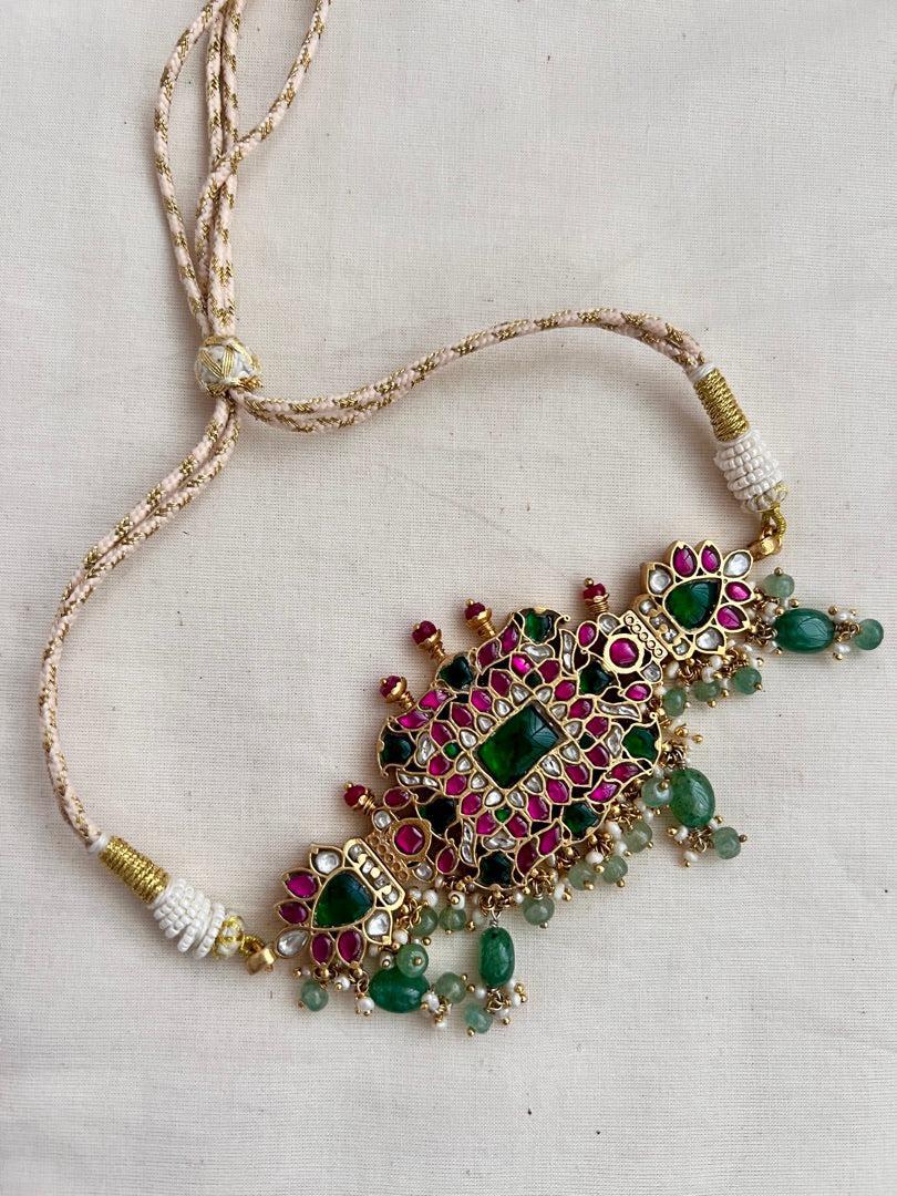 Gold polish kundan, ruby & emerald choker with pearls and jade beads-Silver Neckpiece-CI-House of Taamara
