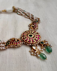 Gold polish kundan, ruby & emerald choker with pearls and jade beads-Silver Neckpiece-CI-House of Taamara