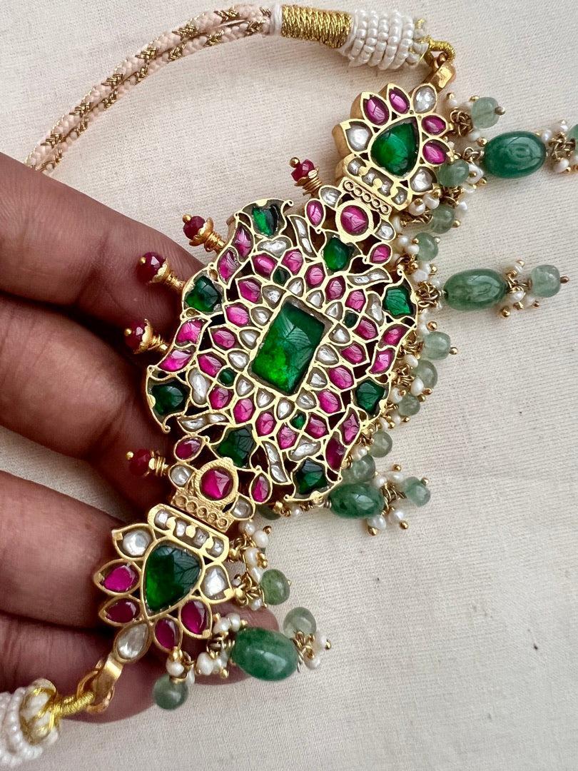 Gold polish kundan, ruby & emerald choker with pearls and jade beads-Silver Neckpiece-CI-House of Taamara