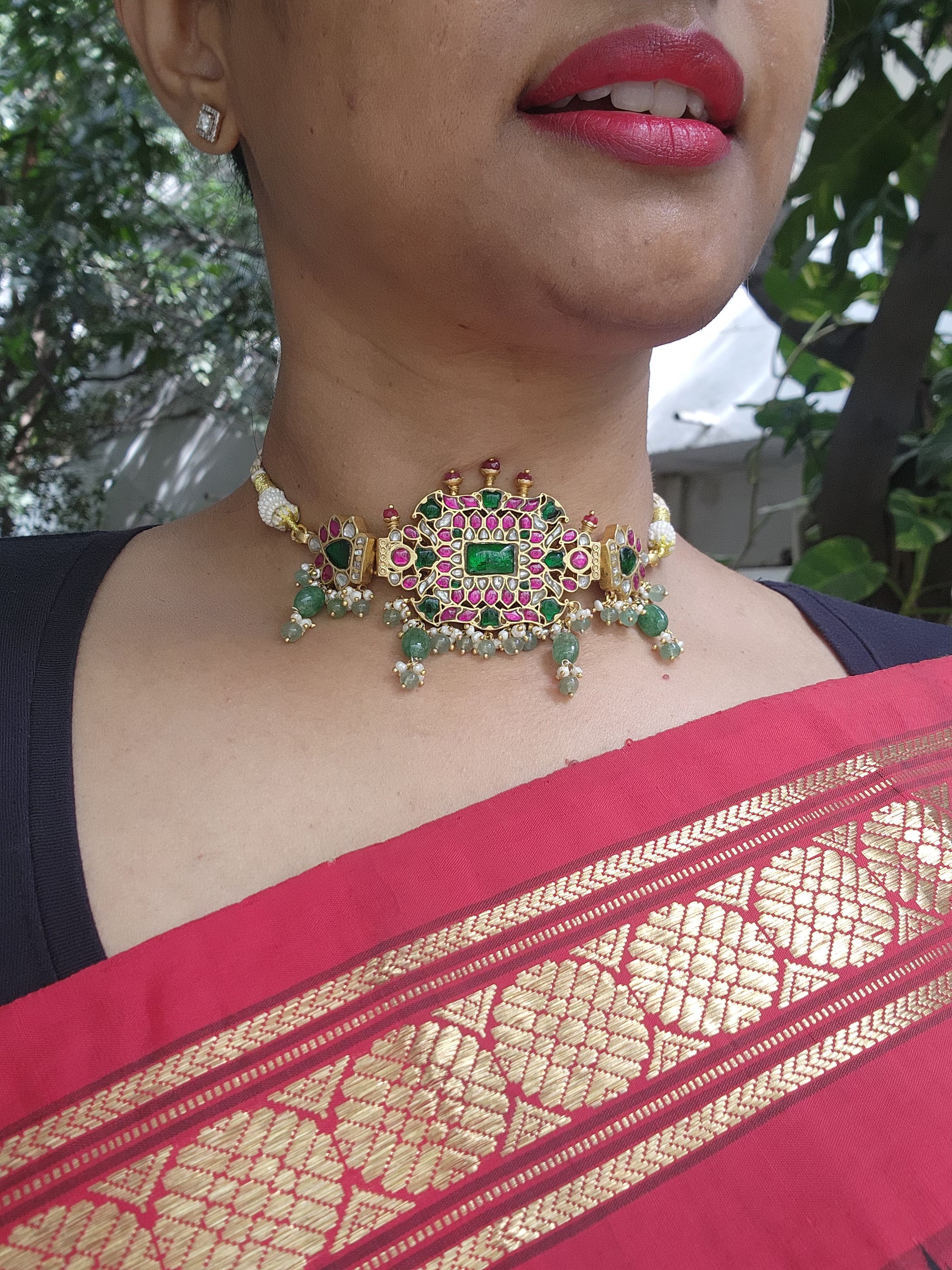Gold polish kundan, ruby & emerald choker with pearls and jade beads-Silver Neckpiece-CI-House of Taamara