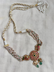 Gold polish kundan, ruby & emerald choker with pearls and jade beads-Silver Neckpiece-CI-House of Taamara