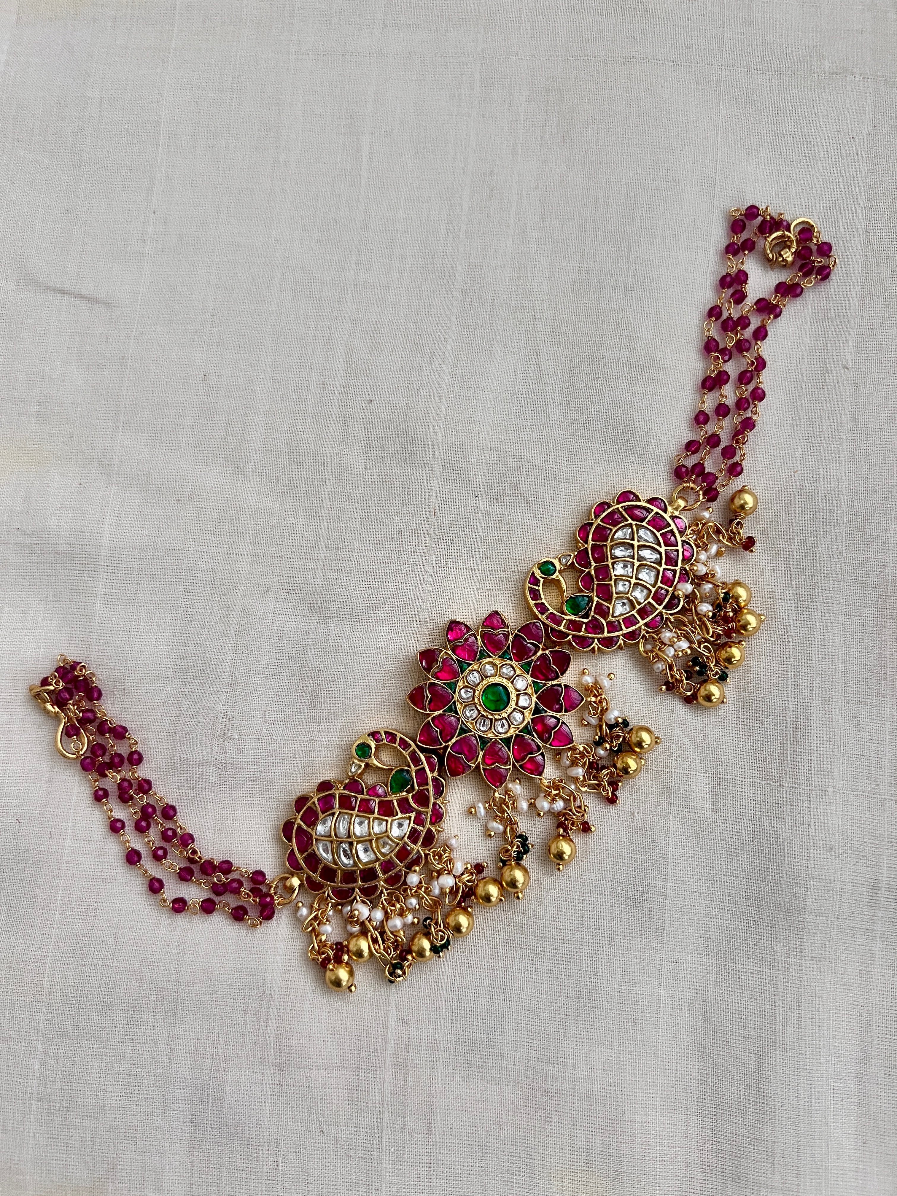 Gold polish kundan, ruby & emerald choker with pearls and ruby beads chain-Silver Neckpiece-CI-House of Taamara