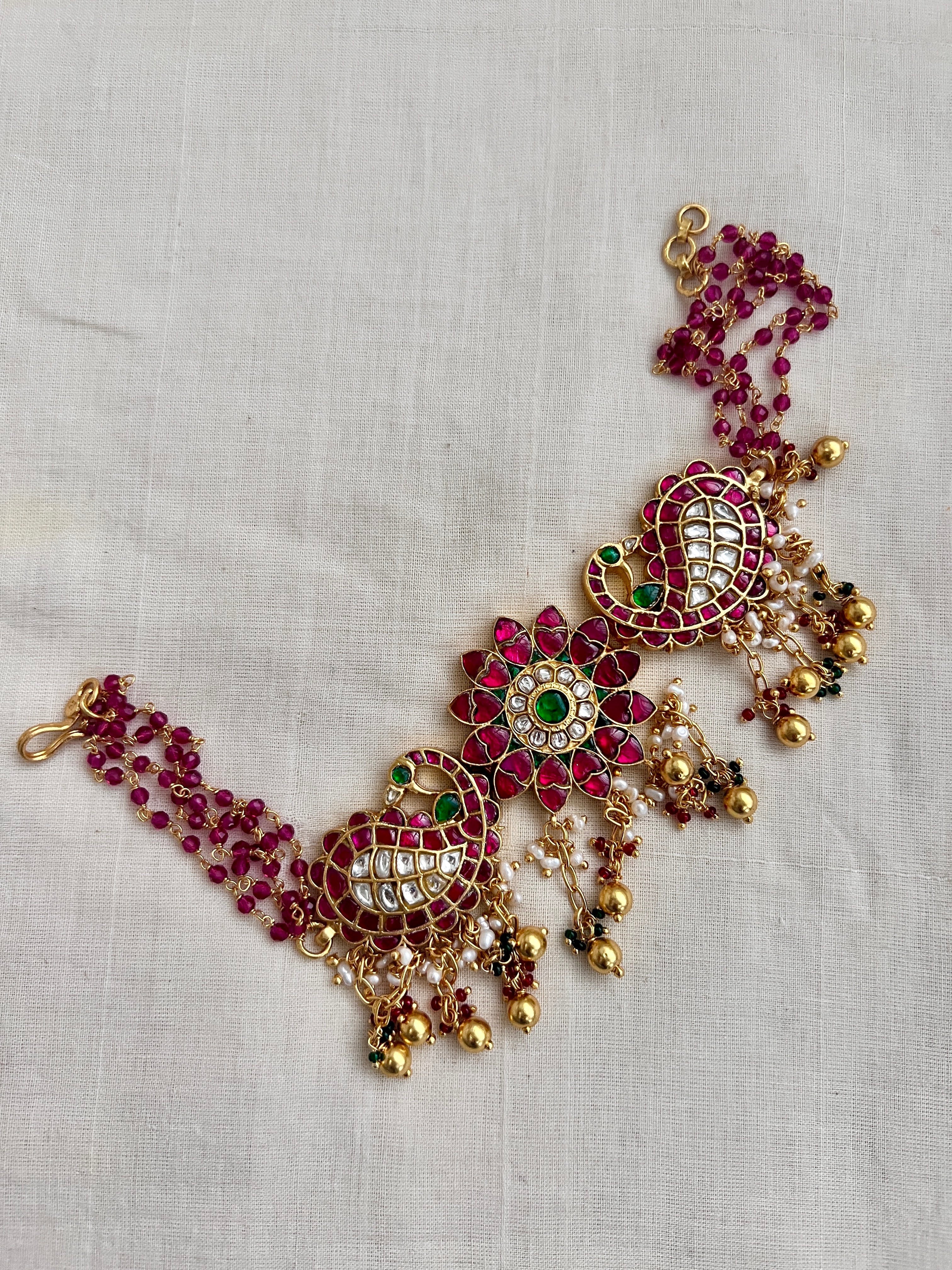 Gold polish kundan, ruby & emerald choker with pearls and ruby beads chain-Silver Neckpiece-CI-House of Taamara