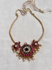 Gold polish kundan, ruby & emerald choker with pearls & gold polish beads-Silver Neckpiece-CI-House of Taamara