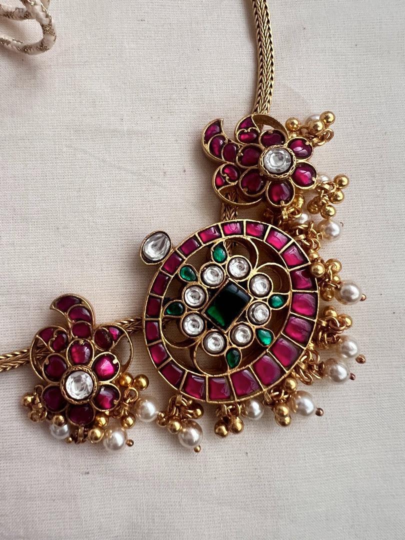 Gold polish kundan, ruby & emerald choker with pearls & gold polish beads-Silver Neckpiece-CI-House of Taamara