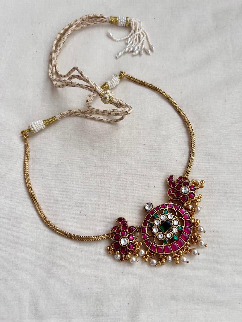 Gold polish kundan, ruby & emerald choker with pearls & gold polish beads-Silver Neckpiece-CI-House of Taamara