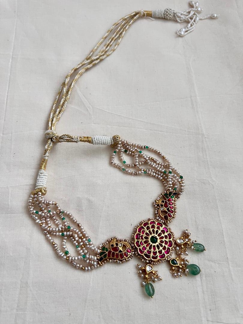 Gold polish kundan, ruby & emerald choker with pearls & jade beads-Silver Neckpiece-CI-House of Taamara