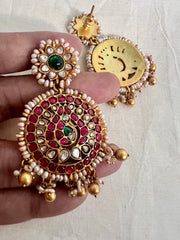 Gold polish kundan, ruby & emerald earrings with pearls-Earrings-CI-House of Taamara