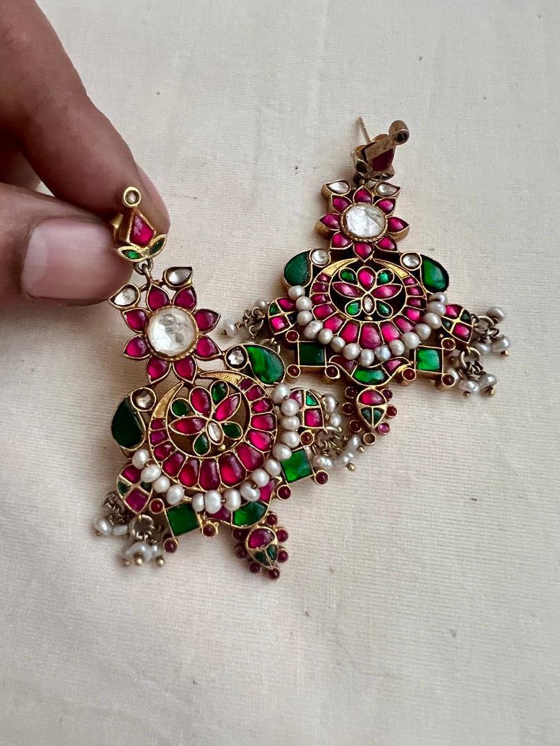 Gold polish kundan, ruby & emerald earrings with pearls-Earrings-CI-House of Taamara