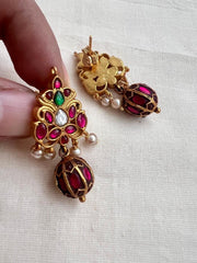 Gold polish kundan, ruby & emerald earrings with pearls-Earrings-CI-House of Taamara