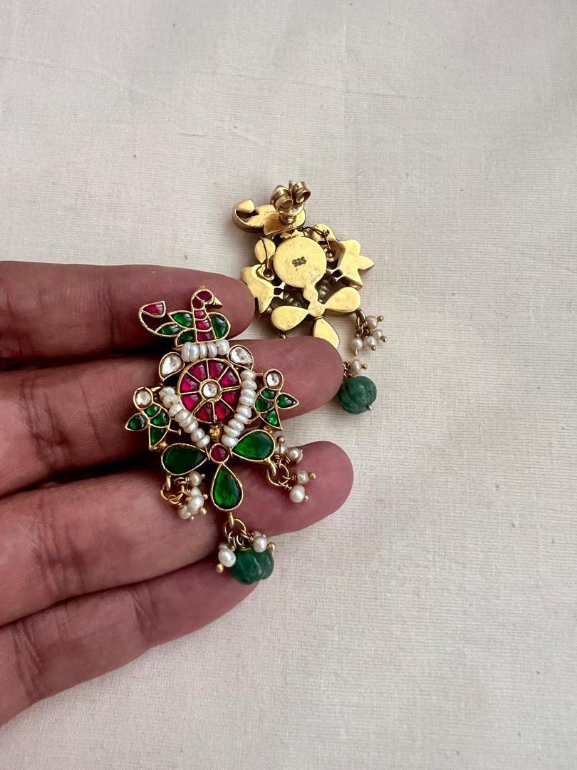 Gold polish kundan, ruby & emerald earrings with pearls-Earrings-CI-House of Taamara