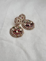 Gold polish kundan, ruby & emerald earrings with pearls-Earrings-CI-House of Taamara