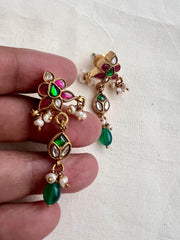 Gold polish kundan, ruby & emerald earrings with pearls-Earrings-CI-House of Taamara