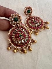 Gold polish kundan, ruby & emerald earrings with pearls-Earrings-CI-House of Taamara