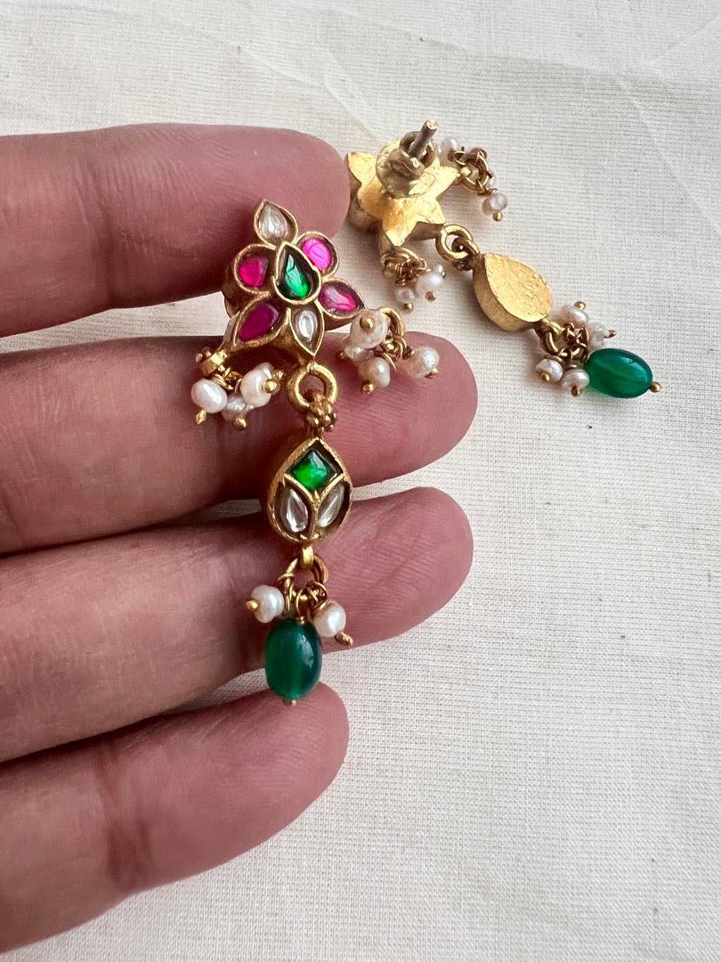 Gold polish kundan, ruby & emerald earrings with pearls-Earrings-CI-House of Taamara