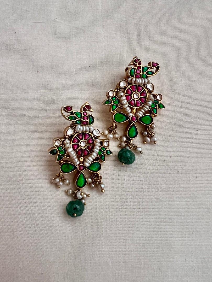 Gold polish kundan, ruby & emerald earrings with pearls-Earrings-CI-House of Taamara