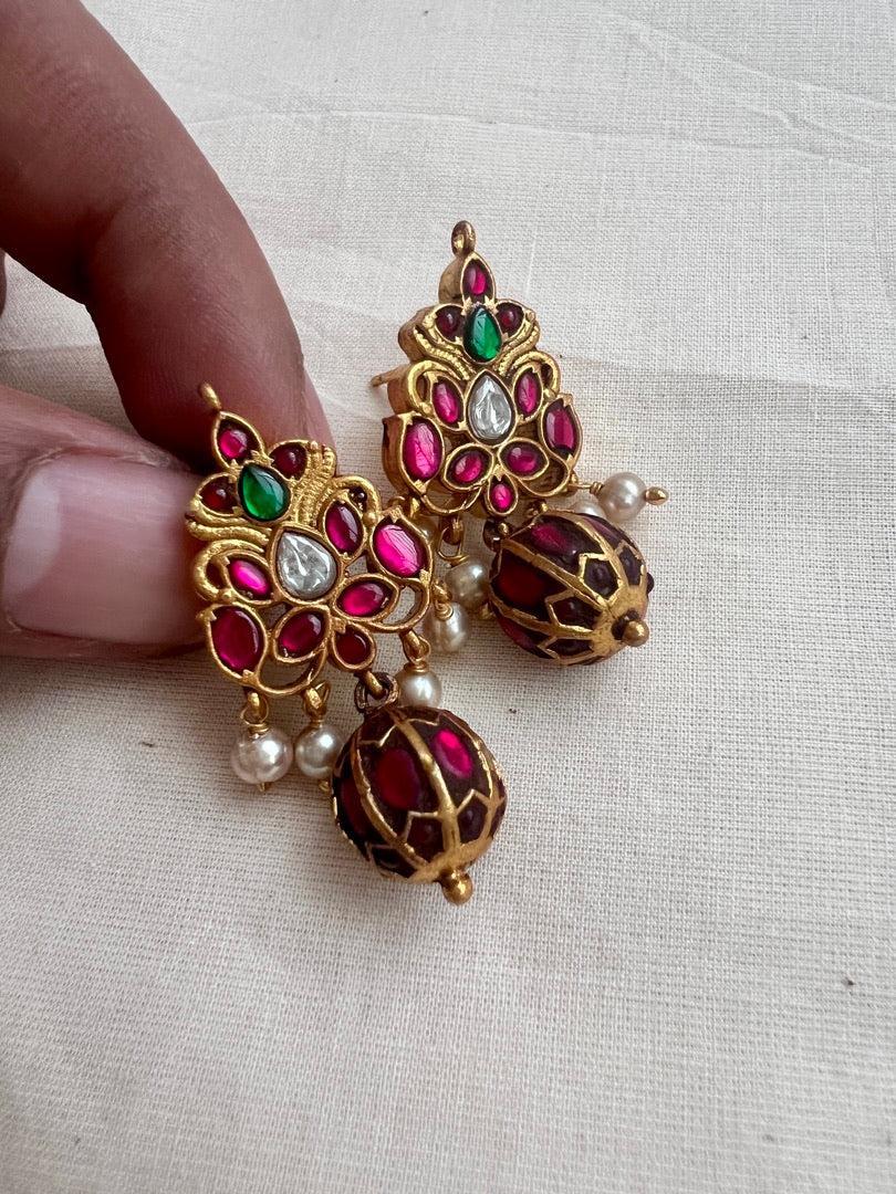 Gold polish kundan, ruby & emerald earrings with pearls-Earrings-CI-House of Taamara