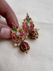 Gold polish kundan, ruby & emerald earrings with pearls-Earrings-CI-House of Taamara