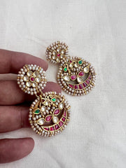 Gold polish kundan, ruby & emerald earrings with pearls-Earrings-CI-House of Taamara