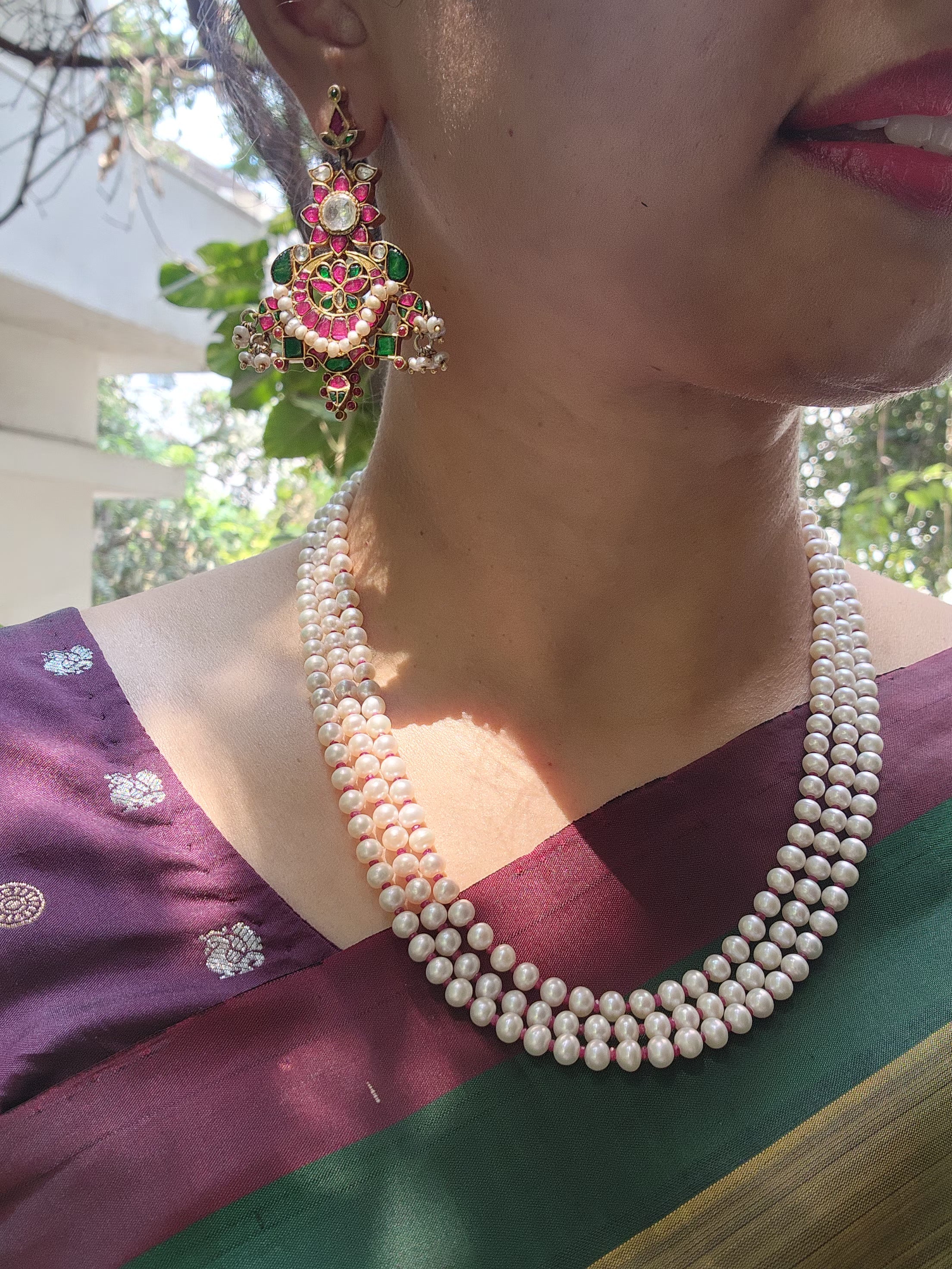 Gold polish kundan, ruby & emerald earrings with pearls-Earrings-CI-House of Taamara