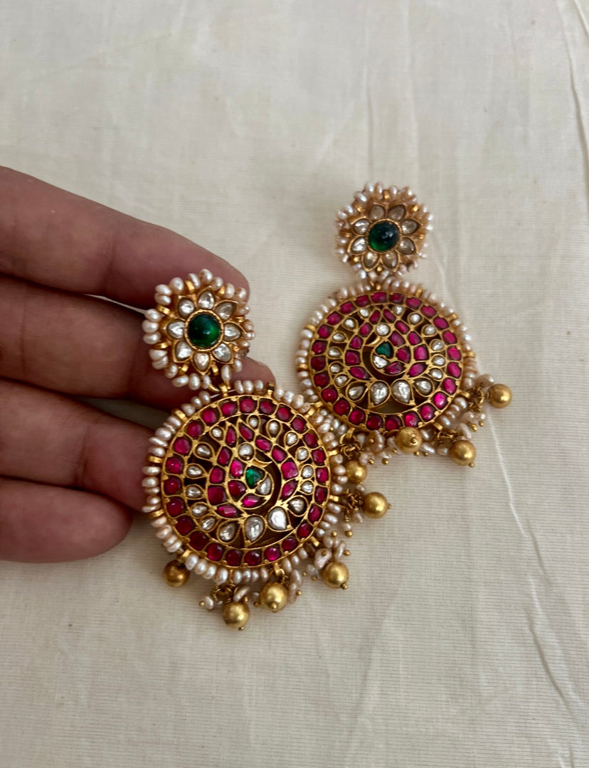 Gold polish kundan, ruby & emerald earrings with pearls-Earrings-CI-House of Taamara