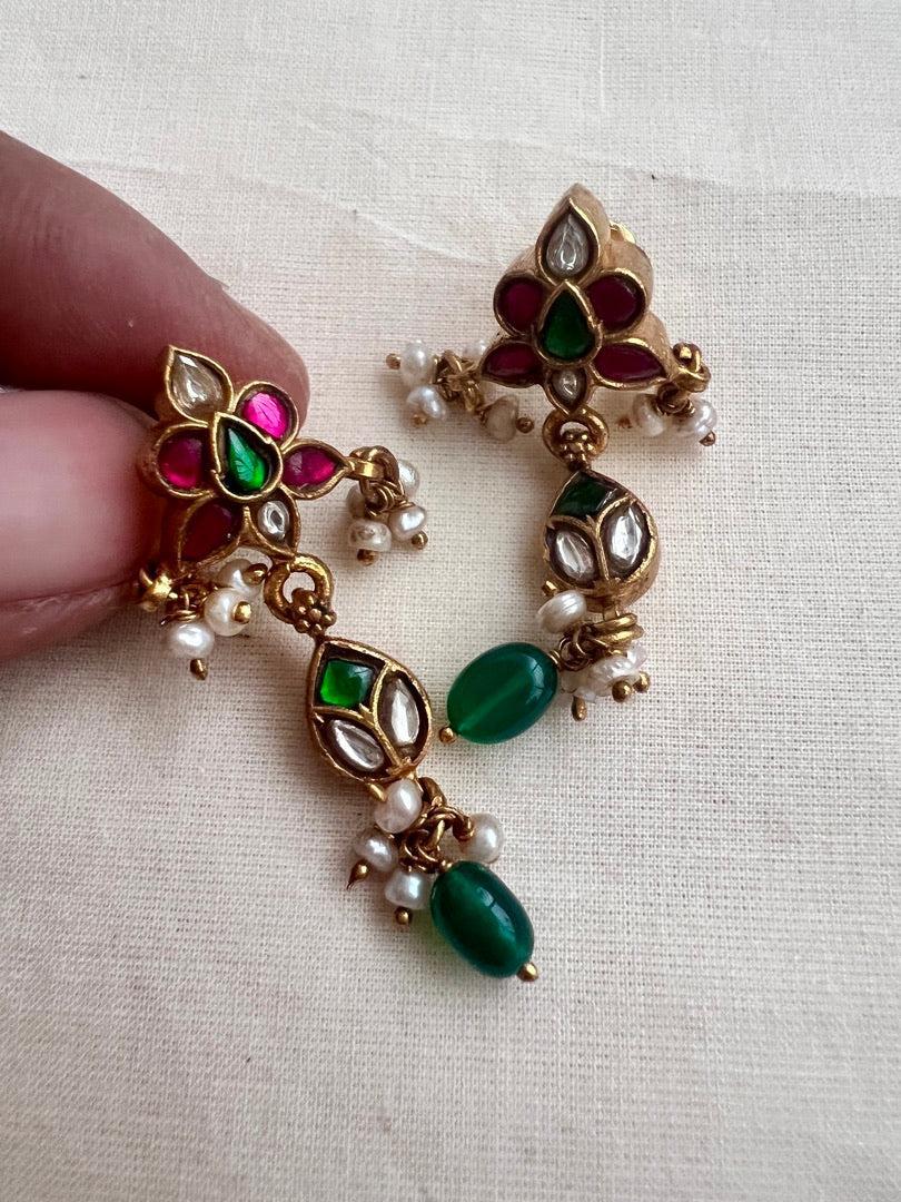 Gold polish kundan, ruby & emerald earrings with pearls-Earrings-CI-House of Taamara