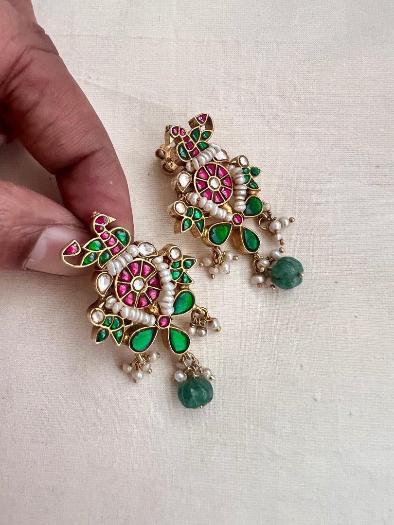 Gold polish kundan, ruby & emerald earrings with pearls-Earrings-CI-House of Taamara
