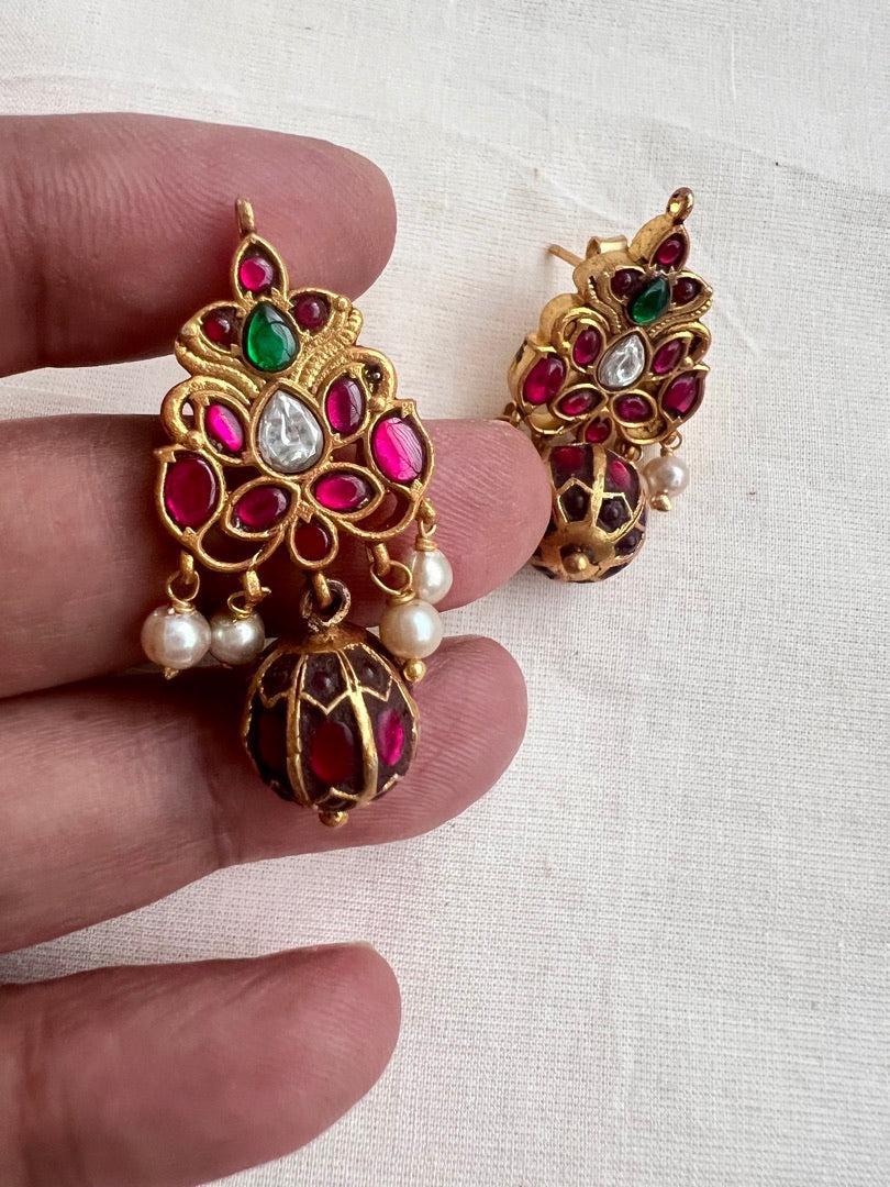 Gold polish kundan, ruby & emerald earrings with pearls-Earrings-CI-House of Taamara