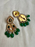 Gold polish kundan, ruby & emerald earrings with pearls and green onyx beads-Earrings-CI-House of Taamara