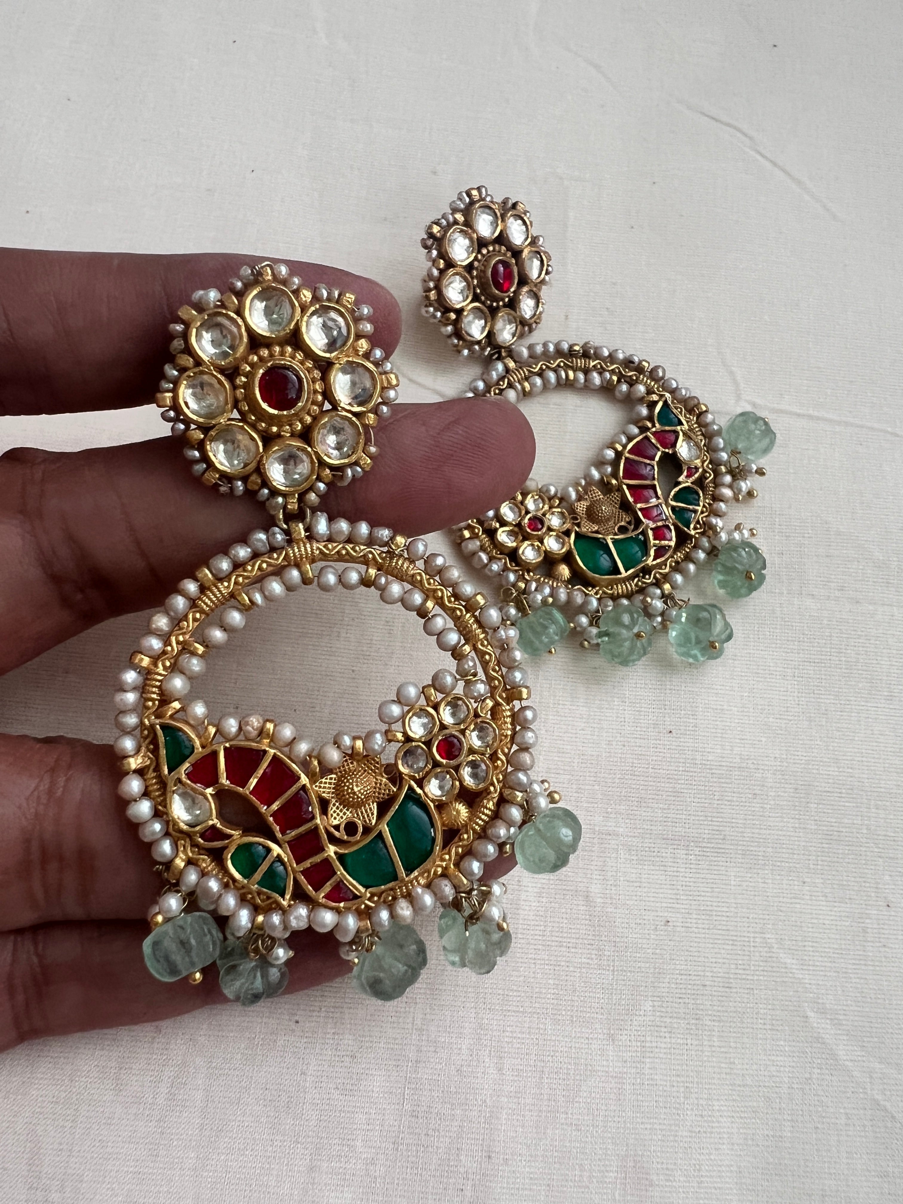 Gold polish kundan, ruby & emerald earrings with pearls and jade beads-Earrings-CI-House of Taamara