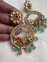 Gold polish kundan, ruby & emerald earrings with pearls and jade beads-Earrings-CI-House of Taamara