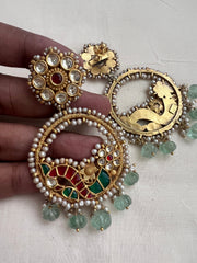 Gold polish kundan, ruby & emerald earrings with pearls and jade beads-Earrings-CI-House of Taamara