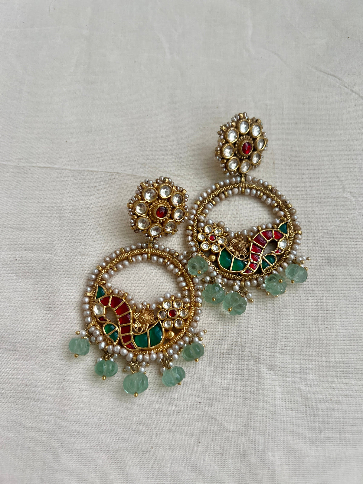 Gold polish kundan, ruby & emerald earrings with pearls and jade beads-Earrings-CI-House of Taamara