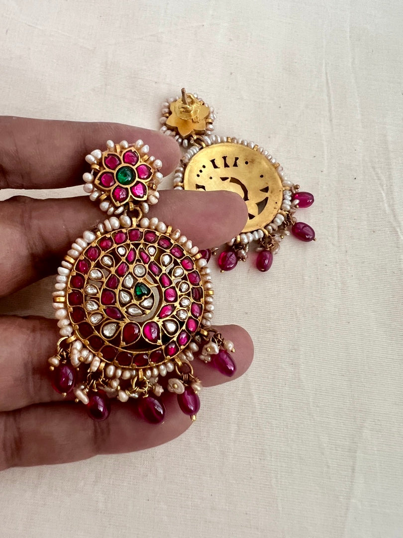 Gold polish kundan, ruby & emerald earrings with pearls & ruby beads-Earrings-CI-House of Taamara