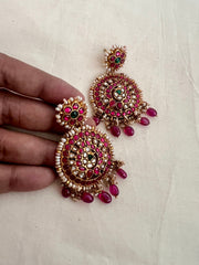 Gold polish kundan, ruby & emerald earrings with pearls & ruby beads-Earrings-CI-House of Taamara