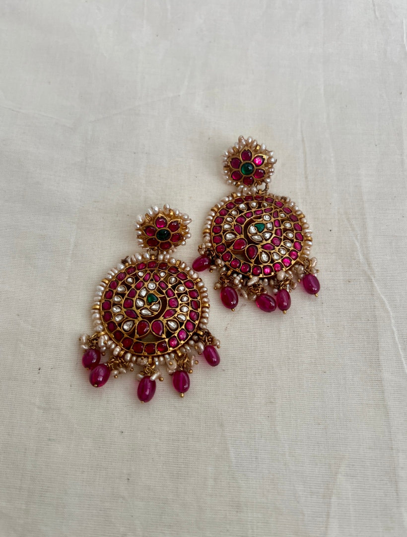 Gold polish kundan, ruby & emerald earrings with pearls & ruby beads-Earrings-CI-House of Taamara