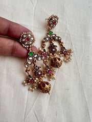 Gold polish kundan, ruby & emerald earrings with ruby bead hangings-Earrings-CI-House of Taamara