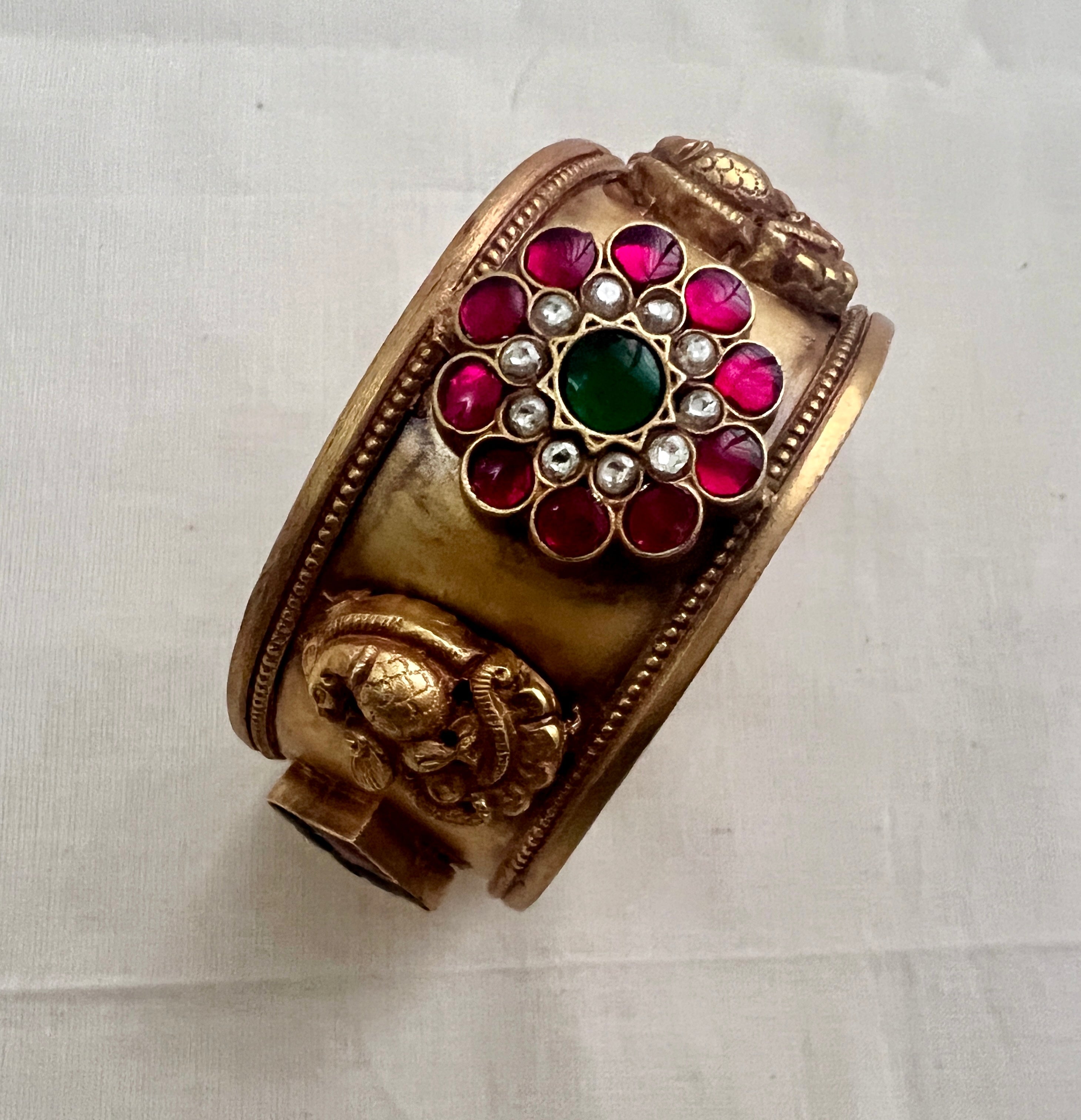 Gold polish kundan, ruby & emerald flower adjustable kada-Silver Bracelet-CI-House of Taamara