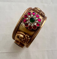 Gold polish kundan, ruby & emerald flower adjustable kada-Silver Bracelet-CI-House of Taamara