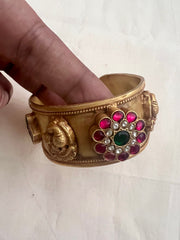 Gold polish kundan, ruby & emerald flower adjustable kada-Silver Bracelet-CI-House of Taamara