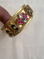 Gold polish kundan, ruby & emerald flower adjustable kada-Silver Bracelet-CI-House of Taamara